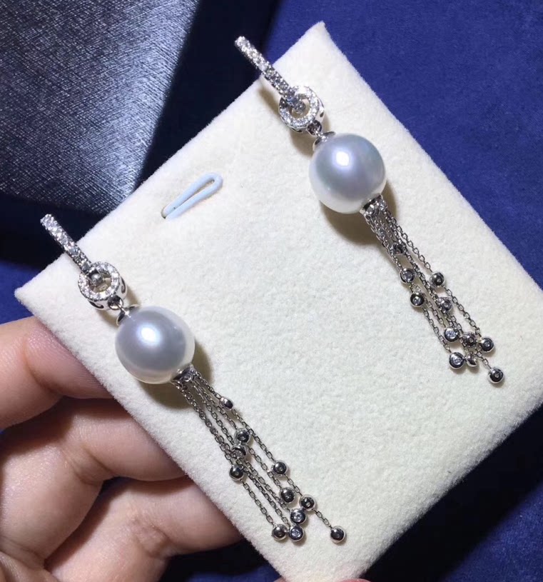 新款18k金钻石12-13mm天然南洋海水白色珍珠流苏长款耳环耳钉耳饰