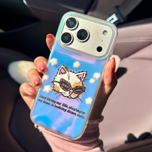 适用苹果/华为Pura80Pro/小米/OPPO/VIVO原创插画猫咪偏光透明手机壳iPhone17/16/15/14/13Promax少女ins风12