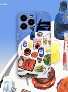 全新双面印花iphone14/14promax复古艺术iPhone12手机壳适用苹果13promax保护套小众美术生蓝色插画imd全包亮