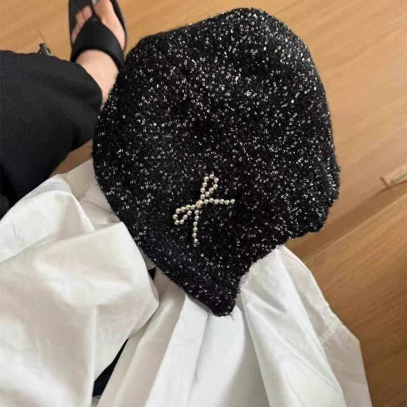 新款跨境秋冬季明星赵露丝同款亮片黑色针织帽街头潮流时尚帽子