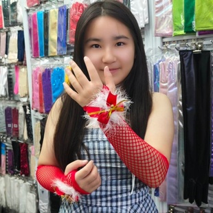 可爱铃铛圣诞蝴蝶结红色中长网眼手套女生性感渔网袜甜美表演跳舞