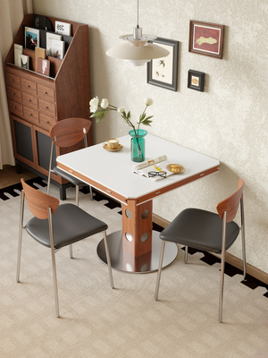 中古风实木岩板餐桌椅组合家用小户型2025新款折叠正方形可变圆桌