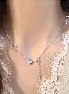 钛钢韩版时尚锁骨链镶嵌闪钻双蝴蝶流苏项链女百搭设计款项饰配饰