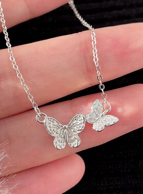 新品钛钢韩版时尚锁骨链镶嵌闪钻双蝴蝶项链女百搭设计款项饰配饰