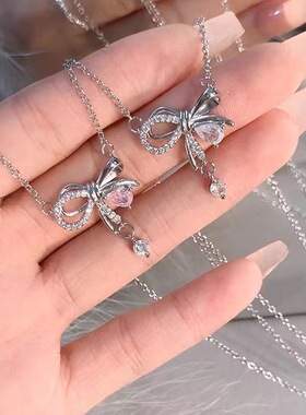 少女结项链女甜美百搭蝴蝶结锆石吊坠小众设计轻奢气质锁骨链配饰