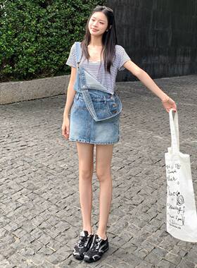 兰贝儿  2026美式复古洋气减龄翻边防掉色宽松牛仔背带短裤女