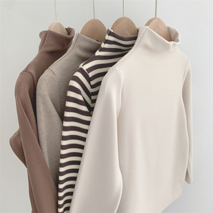 儿童德绒半高领打底衫 t恤女童加绒体恤宝宝上衣秋冬 男童条纹长袖