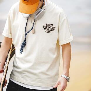 马登工装大码男装美式休闲纯色短袖T恤宽松纯棉字母印花套头上衣