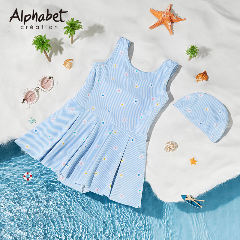 夏女童条纹泳衣套装中大儿童公主裙女孩连体游泳装洋气新款带帽