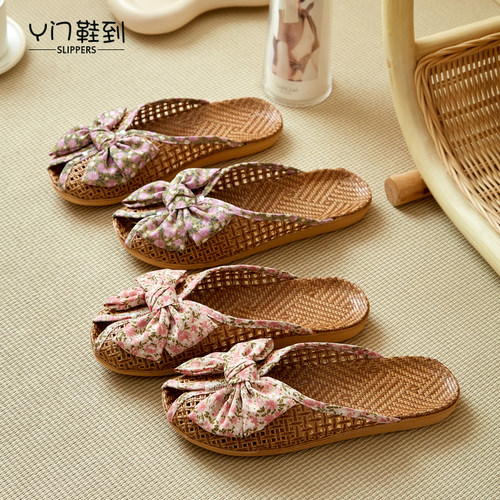夏季新款蝴蝶结藤编凉席拖鞋清凉