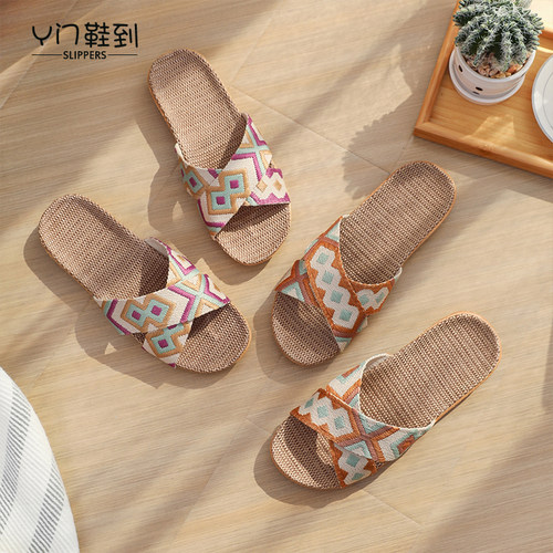 夏季新款藤草编织亚麻拖鞋