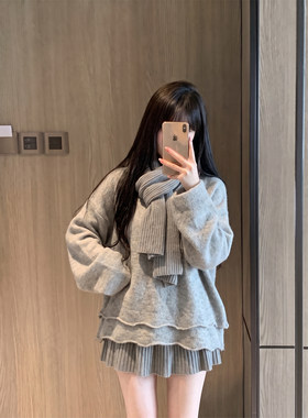 甜美日系针织毛衣短裙三件套