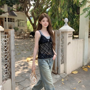 设计感透视网格U领背心叠穿两件套上衣女夏修身外穿辣妹无袖吊带