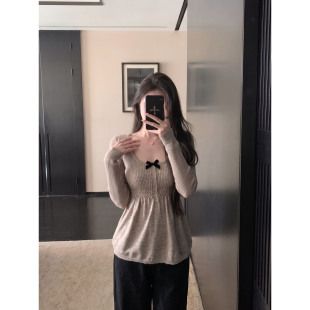 法式小资掐腰长袖针织衫女纯欲风u领蝴蝶结千金风上衣秋冬打底衫