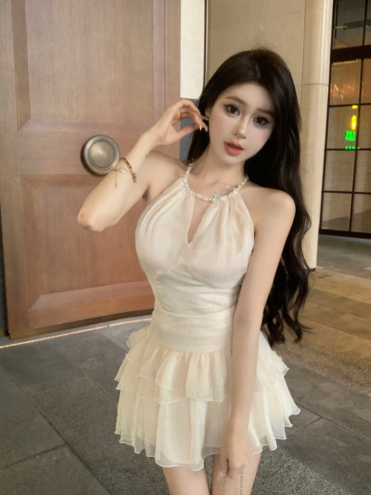 高级感套装裙名媛气质挂脖无袖上衣夏网纱辣妹A字半身裙两件套女