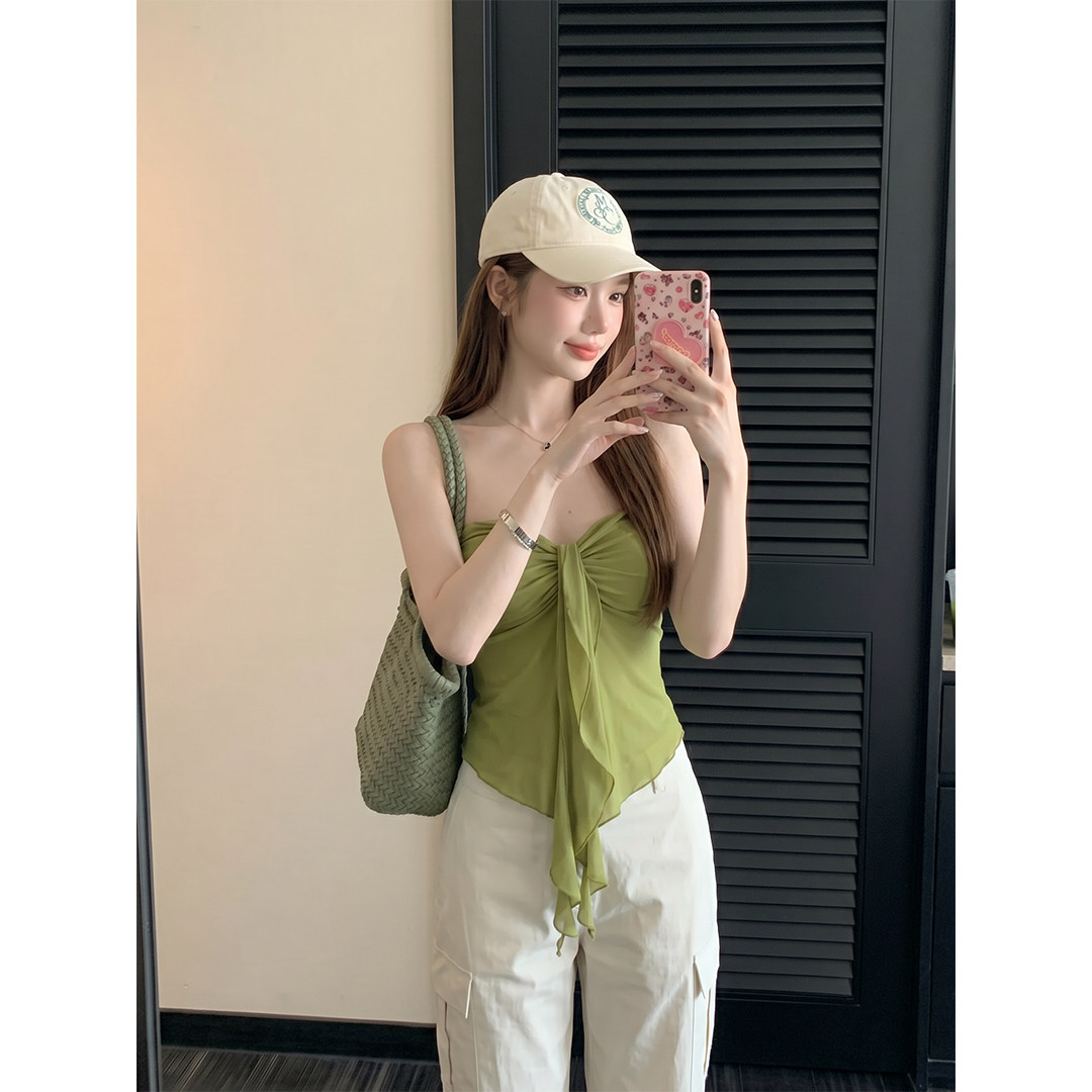 法式氛围感飘带抹胸背心女夏季纯欲风绿色绑带修身性感度假风上衣