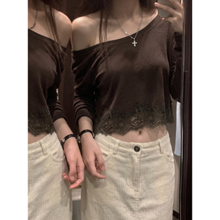 韩系蕾丝拼接长袖T恤女夏季薄款防晒衫宽松慵懒百搭短款露肩上衣