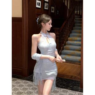 时尚别致新中式改良旗袍网纱盘扣带胸垫连衣裙短款+披肩两件套女