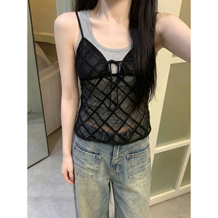 辣妹风性感透视网格U领吊带背心女夏季叠穿显瘦黑色上衣两件套