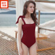 MEMORYBABY度假新品 复古酒红色舒适自由肩带性感竖条纹连体泳衣女