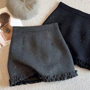 女童亮片毛呢短裙冬季2025秋冬新款小女孩木耳边A字包臀半身裙裤3
