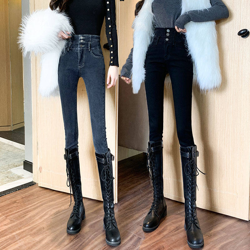 牛仔裤女小脚裤2024年新款春装超高腰三排扣显瘦紧身弹力铅笔裤子
