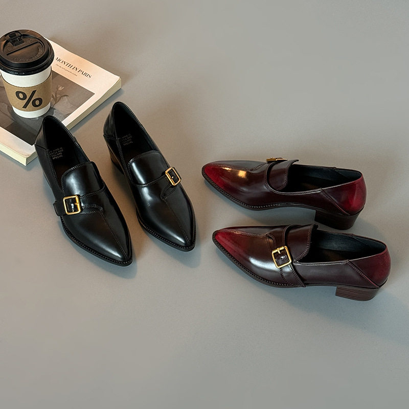 羊皮版~英伦风皮带扣乐福鞋女2026春新款粗跟尖头通勤小皮鞋单鞋 - 一班人 手工潮流女鞋 每日上新出品