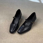 女一字带简约粗跟通勤不累脚小皮鞋 羊皮版 复古真皮方头玛丽珍鞋