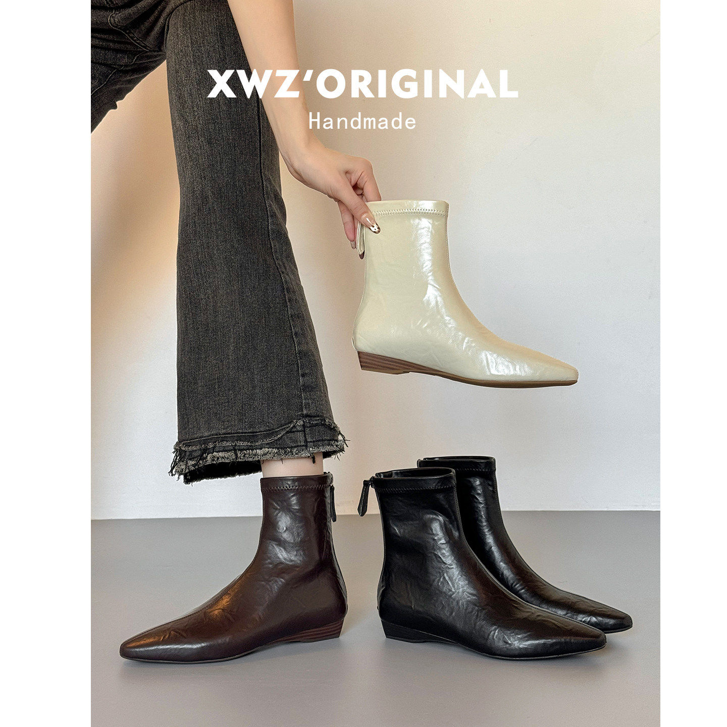 牛皮版~法式气质韩系坡跟瘦瘦靴加绒平底百搭小短靴女2cm白色靴子