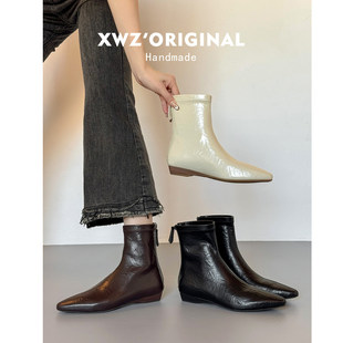 牛皮版~法式气质韩系坡跟瘦瘦靴加绒平底百搭小短靴女2cm白色靴子