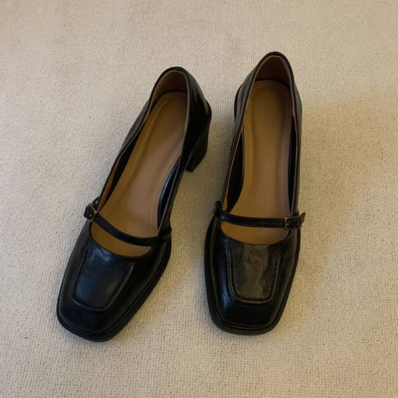 牛皮~春秋法式浅口粗跟单鞋方头高跟鞋女气质高级不累脚玛丽珍鞋