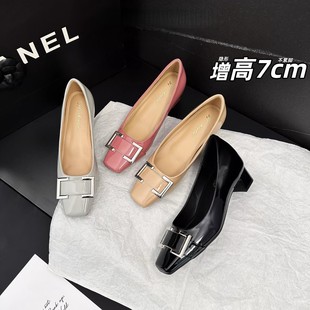 牛皮版~2026新款内增高7cm方扣浅口单鞋女小方头粗跟通勤高跟鞋女