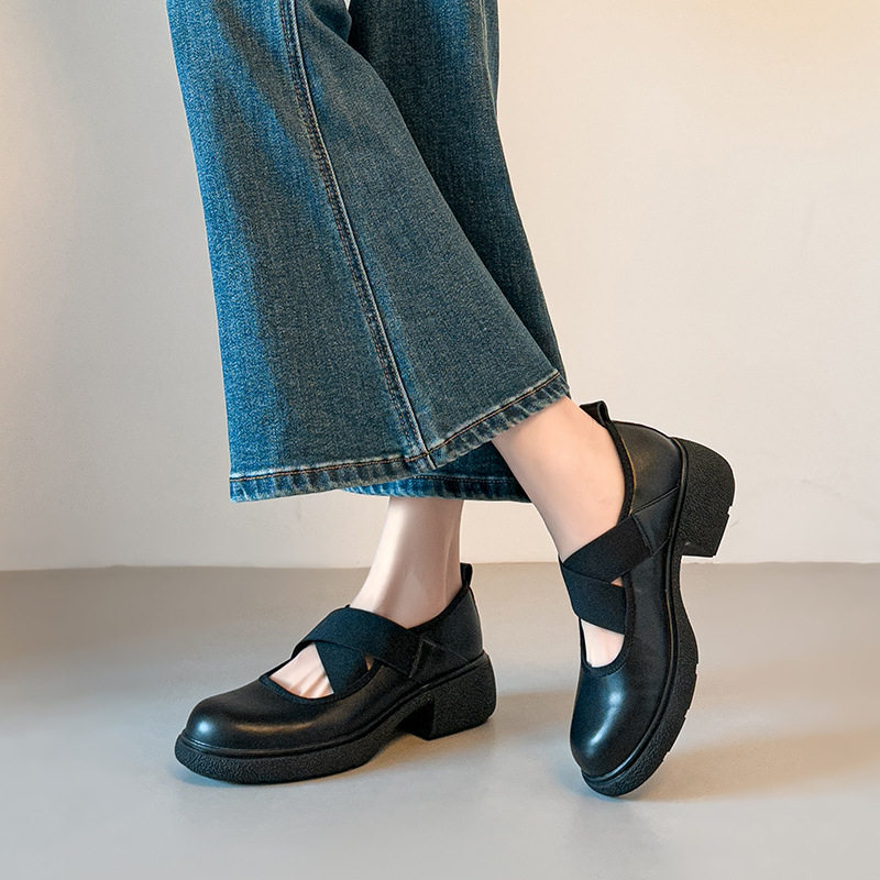 羊皮版~真皮复古交叉带玛丽珍鞋子女休闲运动风厚底粗跟浅口单鞋,女鞋,浅口单鞋,淘宝优惠券,粉丝福利购,淘宝优惠卷