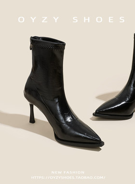 秋冬新款尖头高跟瘦瘦靴女法式细跟复古后拉链软皮短靴弹力时装靴