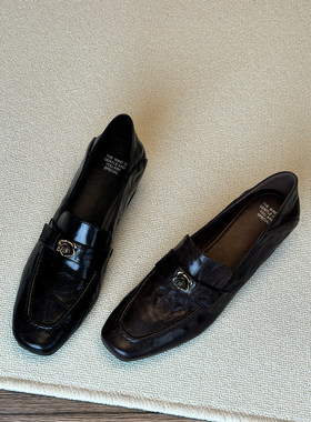 羊皮一脚蹬方头乐福鞋女山茶花春秋中跟粗跟黑色通勤小皮鞋英伦风