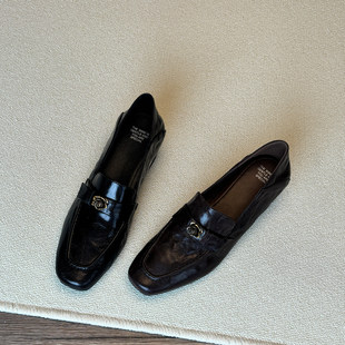 羊皮一脚蹬方头乐福鞋女山茶花春秋中跟粗跟黑色通勤小皮鞋英伦风