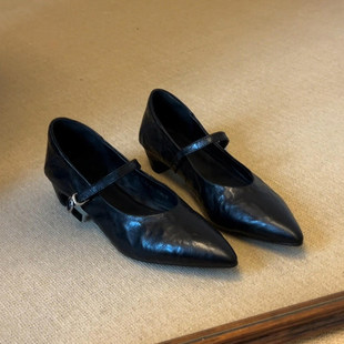 羊皮版~复古真皮粗跟单鞋女一字带尖头百搭黑色简约通勤玛丽珍鞋