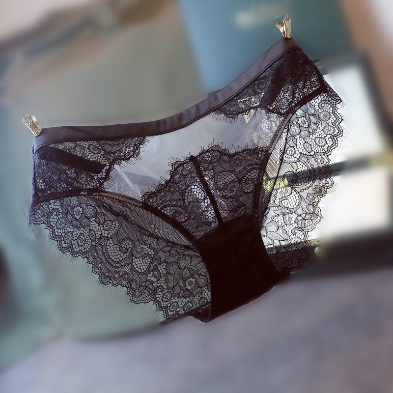 欧美性感睫毛蕾丝火辣镂空透视网纱女士内裤裆纯棉中低腰三角短裤