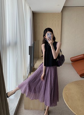 2024夏季新款气质黑色背心小衫+温柔紫色棉麻a字半身裙两件套装女