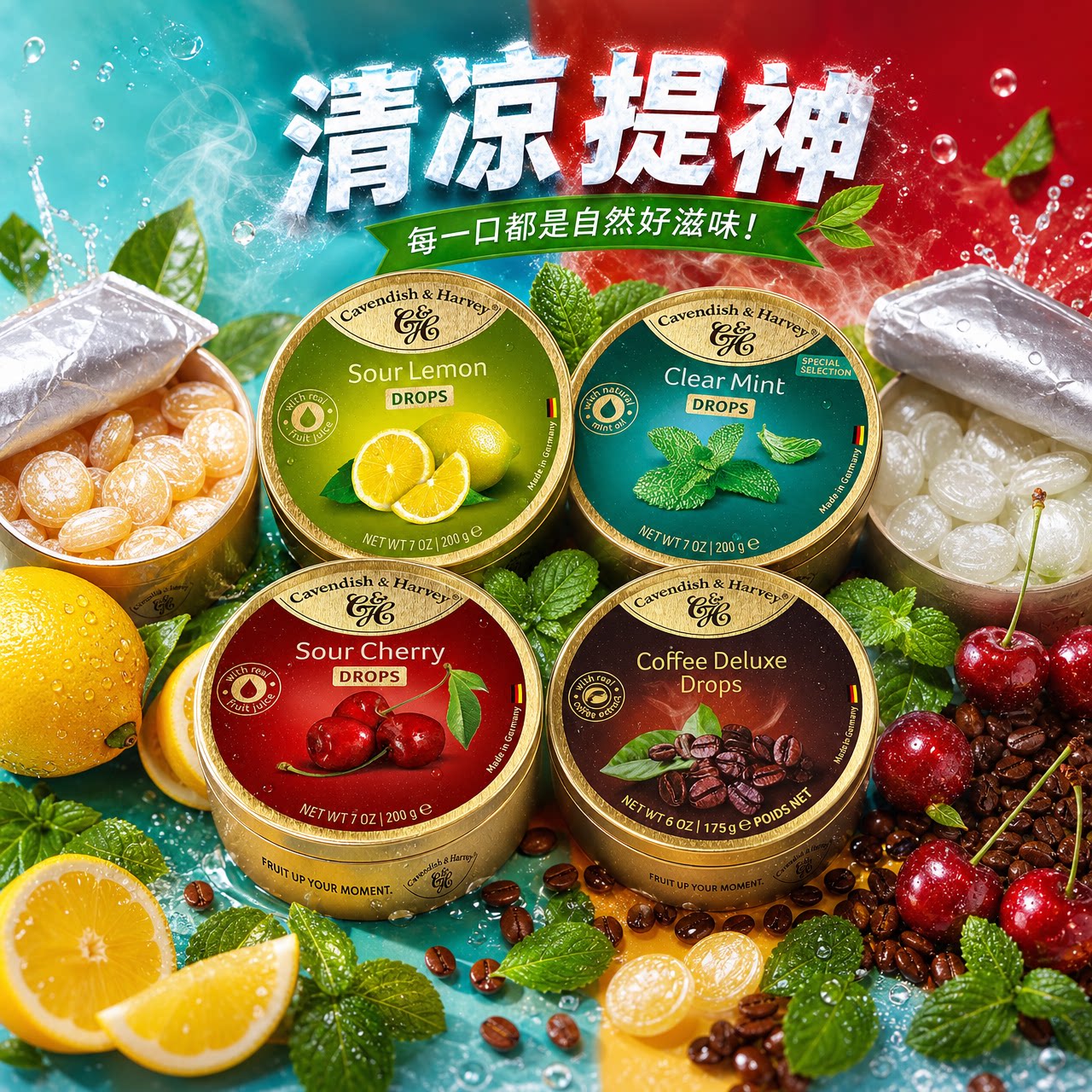 德国进口嘉云水果糖柠檬味嘉云糖薄荷硬糖办公室零食开车提神清凉