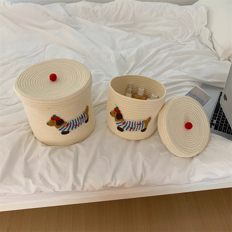 可爱卡通小狗零食收纳筐编织大容量多巴胺桌面收纳盒桶玩具储物篮