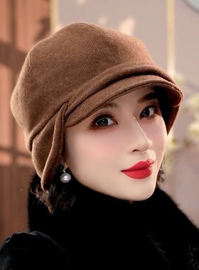 布塔羊毛报童帽鸭舌帽羊毛混纺护耳帽百搭复古保暖气质秋冬PT0758