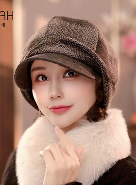 布塔秋冬季羊毛护耳帽贝雷帽女复古画家帽格子鸭舌帽显脸小PT0804