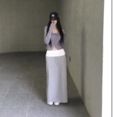 代购 Shawne 26s春新韩国正品 小众翻边系带拼色显瘦甜美百搭长裙