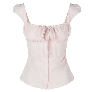 Shawne 25s春新韩国正品代购 小众可爱泡泡袖纽扣系带甜美衬衫