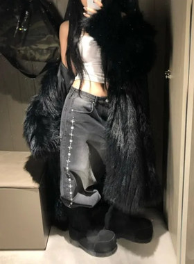 Shawne 25s冬新韩国正品代购 Y2K侧边铆钉装饰黑色水洗阔腿牛仔裤