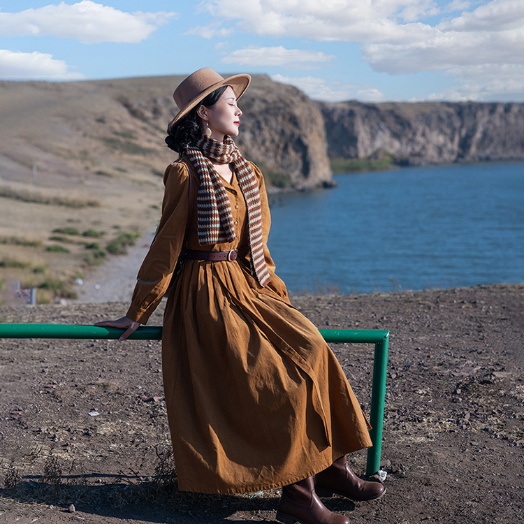 法式大裙摆纯棉条纹百褶