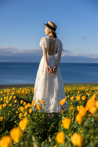 度假风大裙摆雪纺纯色蕾丝拼接