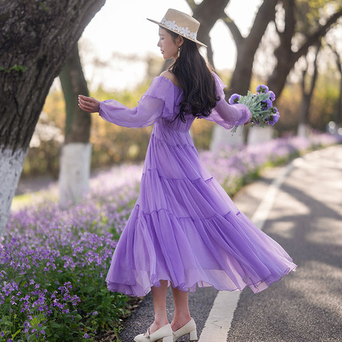 一字肩超大裙摆连衣裙