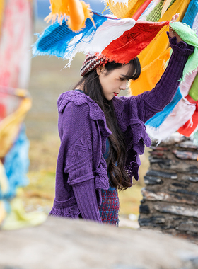 理想三旬女装西藏新疆青海旅拍紫色民族风荷叶领毛衣针织开衫外套